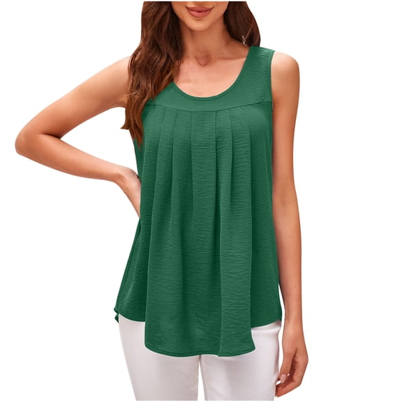 Wycnly Tank Tops for Women Loose Casual Solid Pleated Swing Tunic Tank Tops Summer Plain Crewneck Sleeveless Shirts Fashion Blouses Green XXL