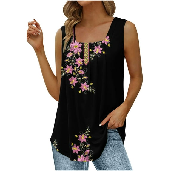 Wycnly Tank Tops for Women Loose Pleated Swing Lightweight Tunic Vest Tops Summer Floral Print Square Neck Sleeveless Shirts Fashion Blouses Black s