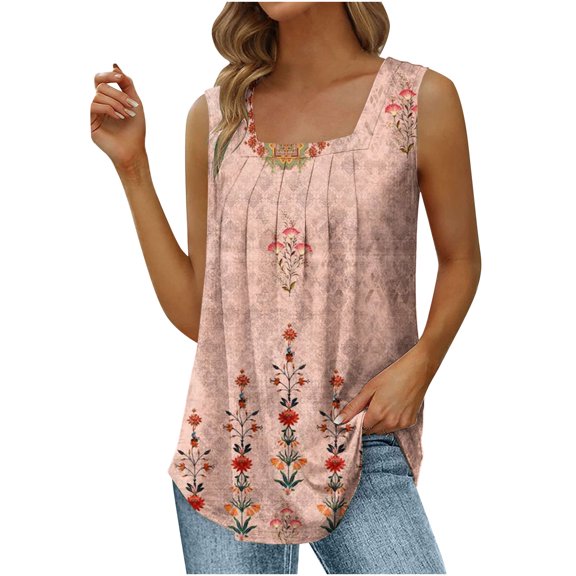 Wycnly Tank Tops for Women Loose Pleated Swing Lightweight Tunic Vest Tops Summer Floral Print Square Neck Sleeveless Shirts Fashion Blouses Pink XXL