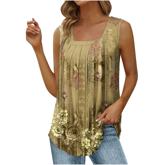 Wycnly Tank Tops for Women Loose Pleated Swing Lightweight Tunic Vest Tops Summer Floral Print Square Neck Sleeveless Shirts Fashion Blouses Yellow s