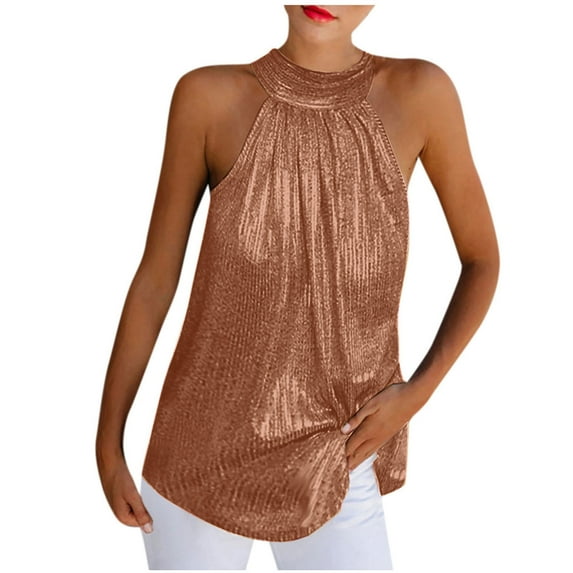 Wycnly Tank Tops for Women Party Club Sexy off Shoulder Sequin Pleated Swing Vest Tops Summer Solid Halter Sleeveless Shirts Fashion Blouses Coffee s