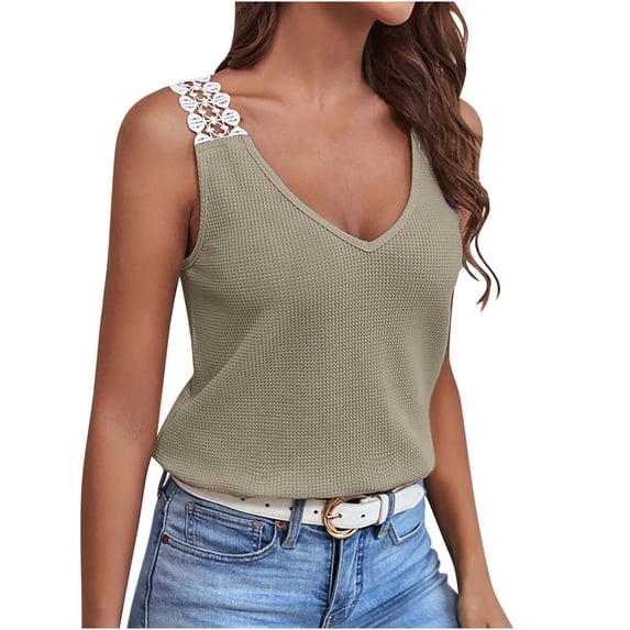 Wycnly Tank Tops for Women Sexy Lace Patchwork Knitted Ribbed Loose Fit Vest Tops Summer Solid V-Neck Sleeveless Shirts Fashion Blouses Beige s