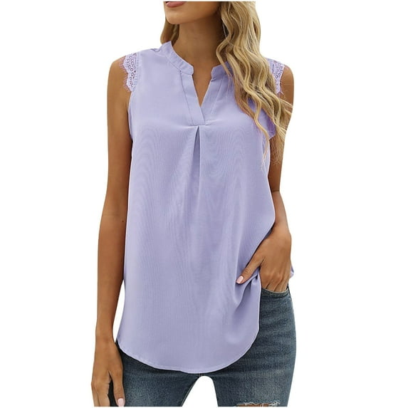 Wycnly Tank Tops for Women Sexy Lace Trim Solid Lightweight Chiffon Tunic Tee Tops Summer Plain V-Neck Sleeveless Shirts Fashion Blouses Purple l