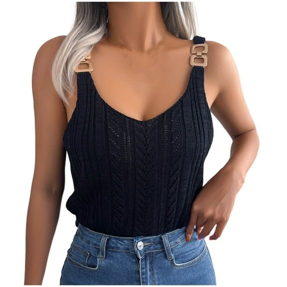 Wycnly Tank Tops for Women Sexy Slim Fit Knitted Hollowed Metal Strap Vest Summer Solid Round Neck Sleeveless Shirts Fashion Blouses Black s