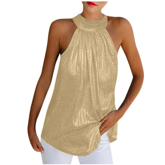 Wycnly Tank Tops for Women Sexy off Shoulder Sequin Pleated Swing Going out Vest Tops Summer Solid Halter Sleeveless Shirts Fashion Blouses Beige XL