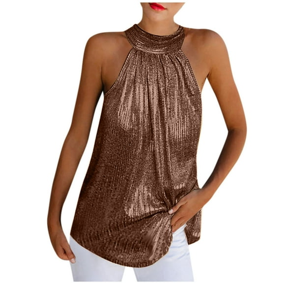 Wycnly Tank Tops for Women Sexy off Shoulder Sequin Pleated Swing Going out Vest Tops Summer Solid Halter Sleeveless Shirts Fashion Blouses Brown s