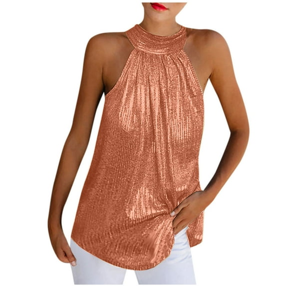 Wycnly Tank Tops for Women Sexy off Shoulder Sequin Pleated Swing Going out Vest Tops Summer Solid Halter Sleeveless Shirts Fashion Blouses Orange m