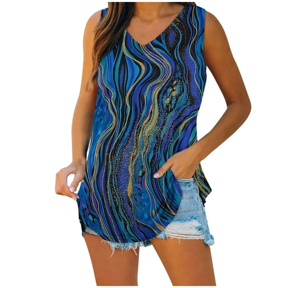 Wycnly Tank Tops for Women Vintage Lightweight Comfy Tunic Tee Tops Summer Leopard Print V-Neck Sleeveless Shirts Fashion Blouses Navy s