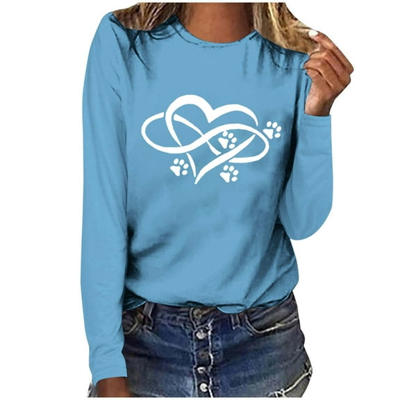 Wycnly Valentine Shirts for Women Womens Long Sleeve Tshirts Valentines Day Fashion Dog Paws Heart Print Pullover Sweatshirts Ladies Lightweight Spring Crewneck Blouses Tops Weekly