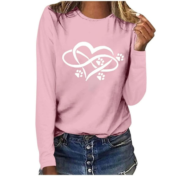 Wycnly Valentine Shirts for Women Womens Long Sleeve Tshirts Valentines Day Fashion Dog Paws Heart Print Pullover Sweatshirts Ladies Lightweight Spring Crewneck Blouses Tops Weekly