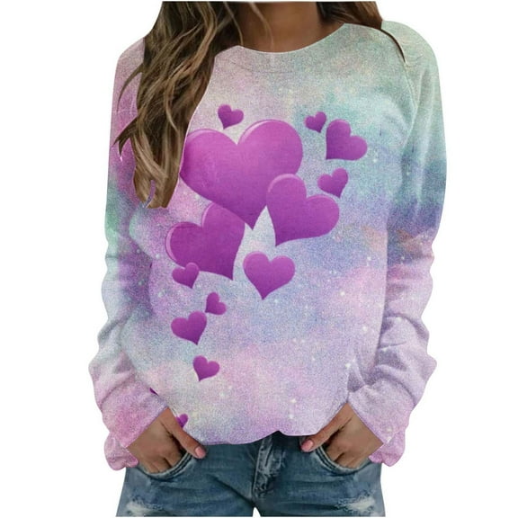 Wycnly Valentine Sweater for Women Valentines Shirts for Women Plus Size Fashion Heart Print Gradient Crewneck Sweatshirt Ladies Spring Raglan Long Sleeve Comfy Pullover Tops Weekly