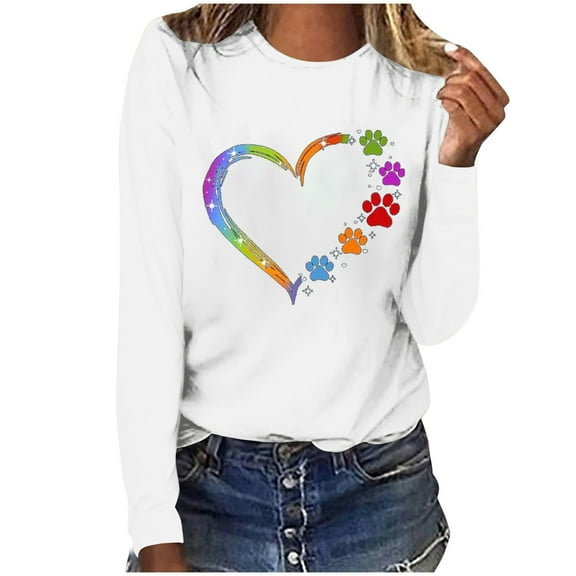 Wycnly Valentines Day Shirt Spring Tops for Women Loose Long Sleeve Round Neck Casual Pullover Blouses Valentines Trendy Dog Paws Heart Print Tshirts Weekly
