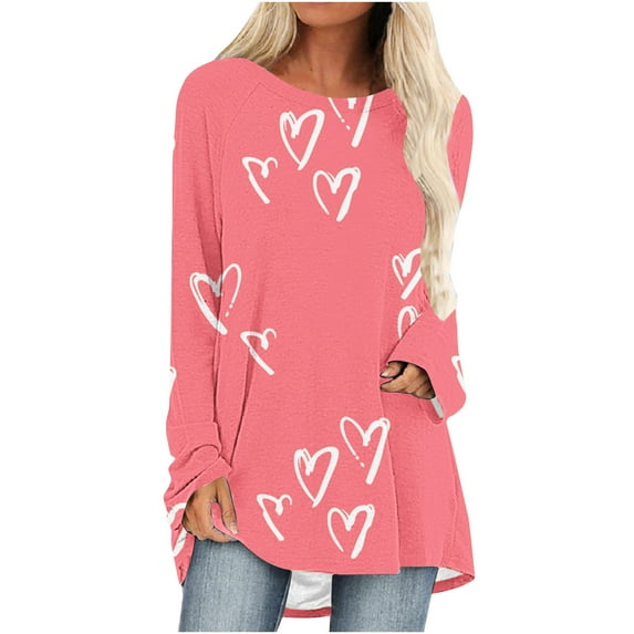 Wycnly Valentines Day Shirt Womens Valentines Heart Tops Spring Ladies Long Sleeve Round Neck Pullover Blouses Trendy Heart Print Girls Valentine Day Sweater Weekly