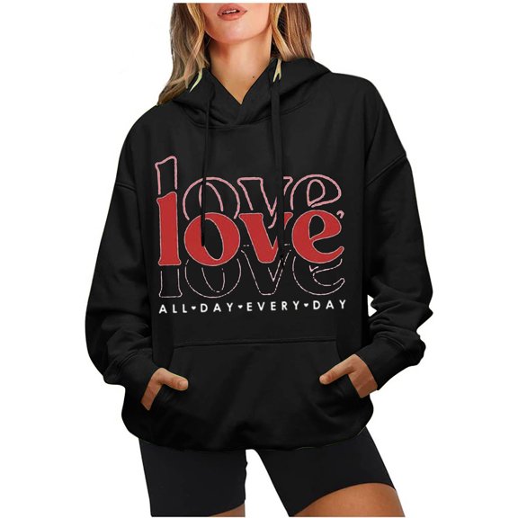 Wycnly Valentines Day Sweater Women Womens Valentines Day Hooded Sweatshirts Oversized Pocket Drawstring Pullover Hoodies Tops Trendy Love Letter Print Sweatshirts Weekly