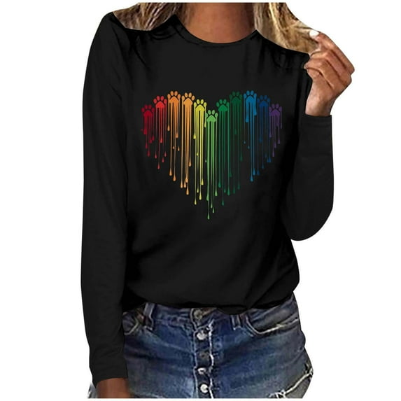 Wycnly Valentines Shirts for Women Womens Valentines Day Tops Fashion Tie Dye Dog Paws Heart Print Pullover Sweatshirts Spring Ladies Crewneck Long Sleeve Tee Shirts Weekly