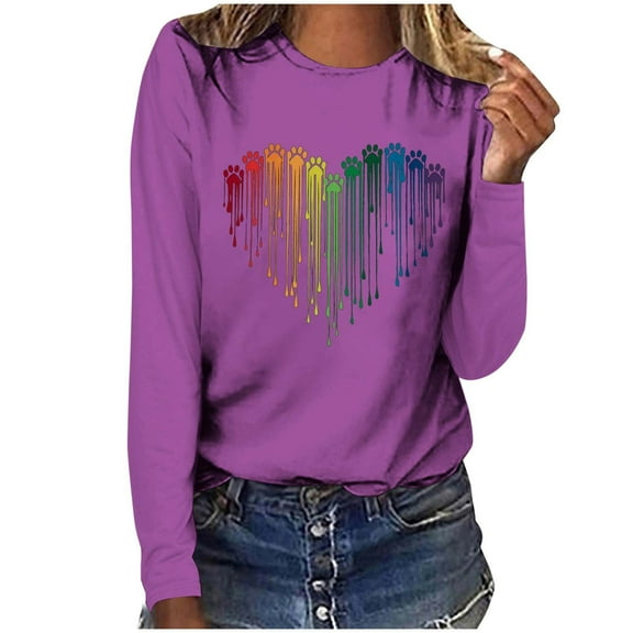 Wycnly Valentines Shirts for Women Womens Valentines Day Tops Fashion Tie Dye Dog Paws Heart Print Pullover Sweatshirts Spring Ladies Crewneck Long Sleeve Tee Shirts Weekly