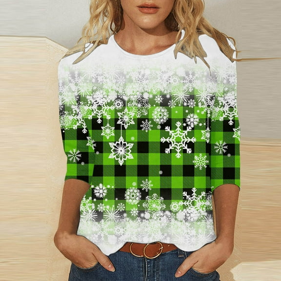 Wycnly Winter Tee Tops for Women Womens Christmas Shirts Merry Xmas Round Neck Lightweight Ladies Pullover Blouses Casual Snowflake Print Tee Tops Fall 3/4 Sleeve Tops