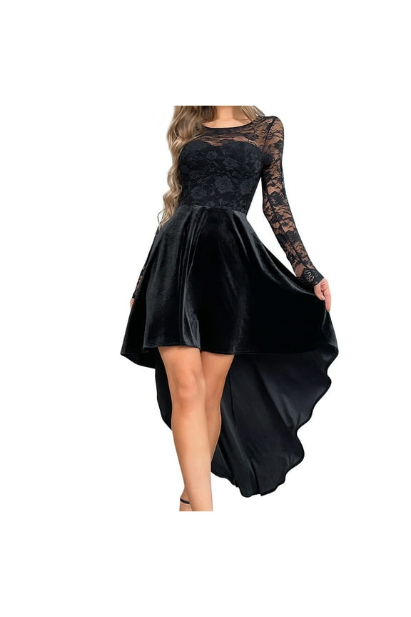 Women Lace Gothic Dresses Vintage Crewneck Long Sleeve Cocktail Party Skater Dress Irregular Hem Gothic Clothes for Women Hallo-ween Clothes