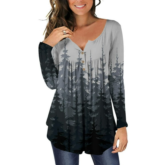 Wycnly Women's Henley Tunic Tops Spring Button Down Crewneck Long Sleeve Swing Shirt Floral Print Pleated Hem Pullover Blouse Womens Tops Dressy Casual