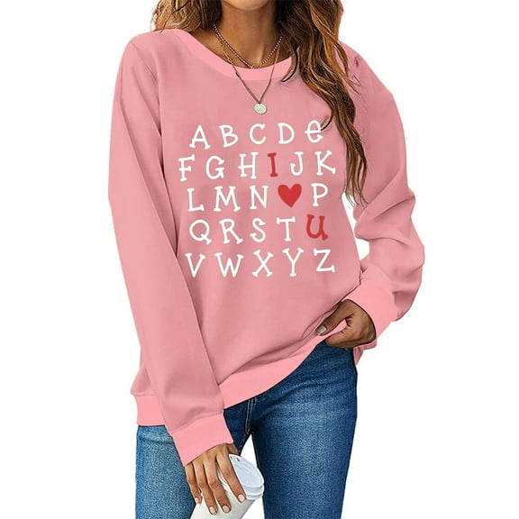 Wycnly Women's Long Sleeve Tshirt Valentine's Day Alphabet Print Sweatshirt Casual Crewneck Loose Fit Pullover Top Womens Tops Dressy Casual