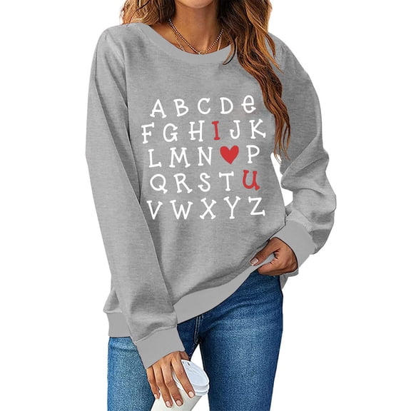 Wycnly Women's Long Sleeve Tshirt Valentine's Day Alphabet Print Sweatshirt Casual Crewneck Loose Fit Pullover Top Womens Tops Dressy Casual