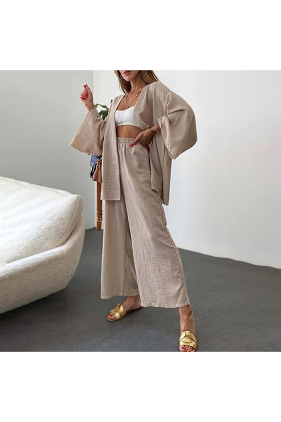 Womens 2 Piece Cotton Linen Outfit Loose Open Front Cardigan and High Waist Long Pants Matching Set Casual Solid Lounge Sets under $5