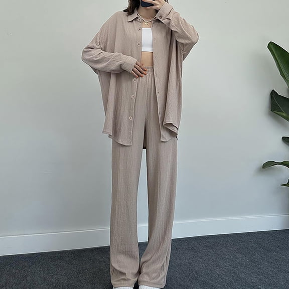 Wycnly Womens 2 Piece Outfits Button Long Sleeve Shirts and Wide Leg Pants Lounge Sets Fall Winter Casual Solid Loose Loungewear under $5