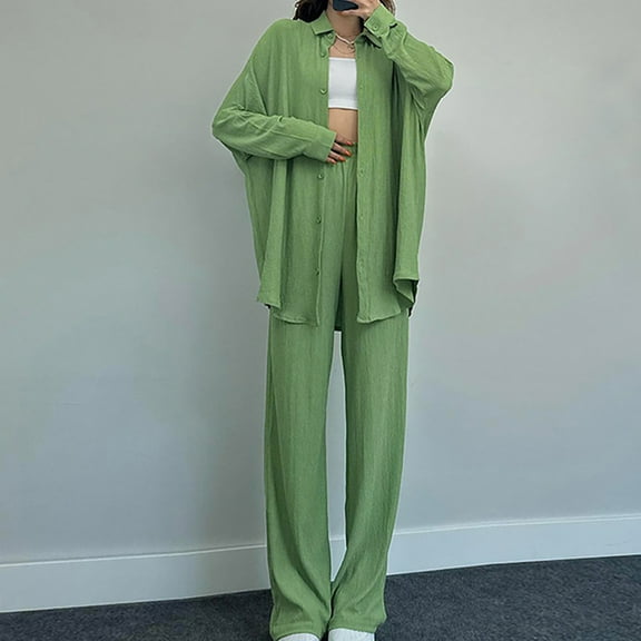 Wycnly Womens 2 Piece Outfits Button Long Sleeve Shirts and Wide Leg Pants Lounge Sets Fall Winter Casual Solid Loose Loungewear under $5