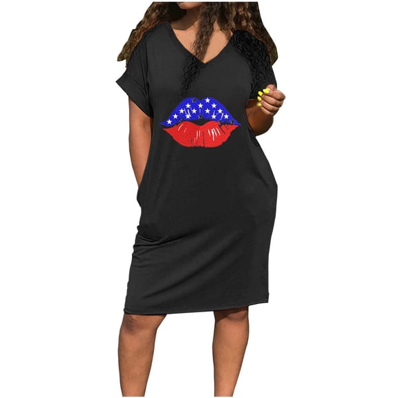 Wycnly Womens 4th of July Dresses Fashion Independence Day Tunic Tshirt Pocket Midi Dresses Casual Lips Print V-Neck Short Sleeve Knee-Length Summer Dress Black l