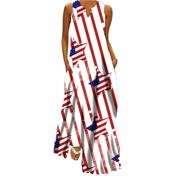 Wycnly Womens 4th of July Dresses Loose Pocket Swing Hem Independence Day Print Patriotic Tank Maxi Dresses Casual Camouflage V-Neck Sleeveless Long Summer Dress White l