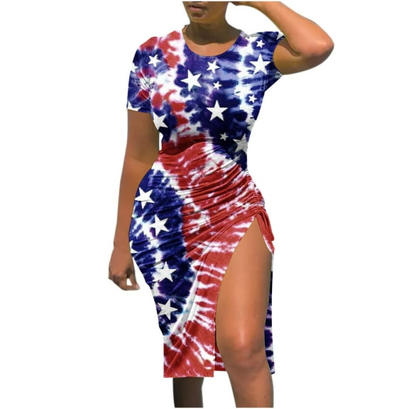 Wycnly Womens 4th of July Dresses Slit Drawstring Bodycon Independence Day Patriotic Midi Dresses Casual Star Print Crewneck Short Sleeve Knee-Length Summer Dress Wine m