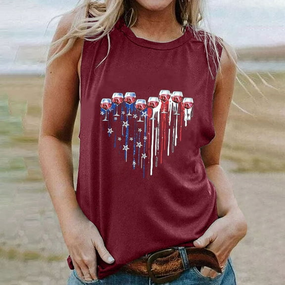 Wycnly Womens 4th of July Tank Tops Casual Independence Day Tshirts Loose Fit Comfy Lightweight Vest Summer Fashion Wine Glasses Print Crewneck Sleeveless Blouse Wine m