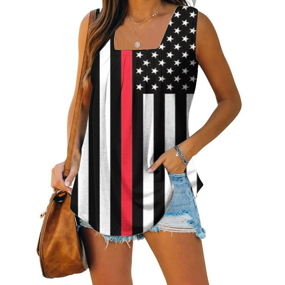 Wycnly Womens 4th of July Tank Tops Casual Pleated Hem Shirts Independence Day Tunic Vest Summer Fashion Star USA Flag Print Square Neck Sleeveless Blouse Black l