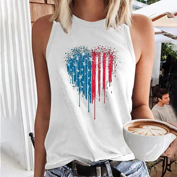 Wycnly Womens 4th of July Tank Tops Comfy Loose Fit Independence Day Patriotic Vest Shirts Summer Fashion Heart US Flag Print Round Neck Sleeveless Blouse White l