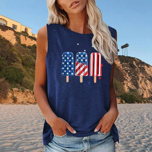 Wycnly Womens 4th of July Tank Tops Comfy Loose Fit Patriotic Independence Day Shirts Vest Summer Fashion Popsicle Flag Print Round Neck Sleeveless Blouse Blue xl