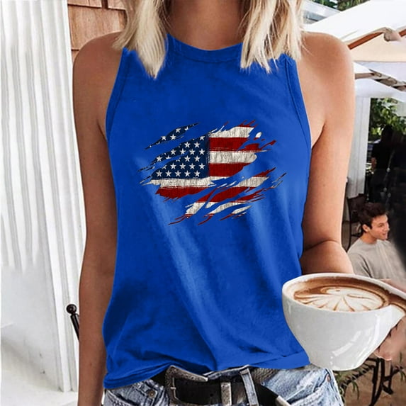 Wycnly Womens 4th of July Tank Tops Independence Day Patriotic Loose Comfy Racerback Shirts Vest Summer Fashion USA Flag Print Crewneck Sleeveless Blouse Blue xxl