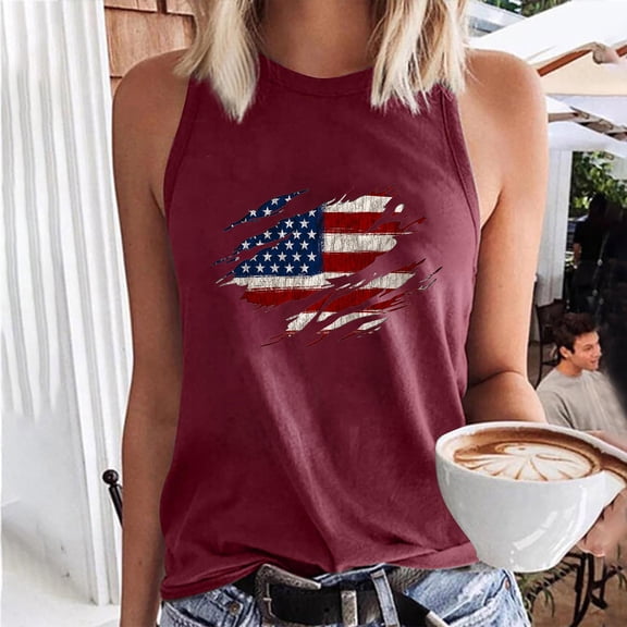 Wycnly Womens 4th of July Tank Tops Independence Day Patriotic Loose Comfy Racerback Shirts Vest Summer Fashion USA Flag Print Crewneck Sleeveless Blouse Wine xl