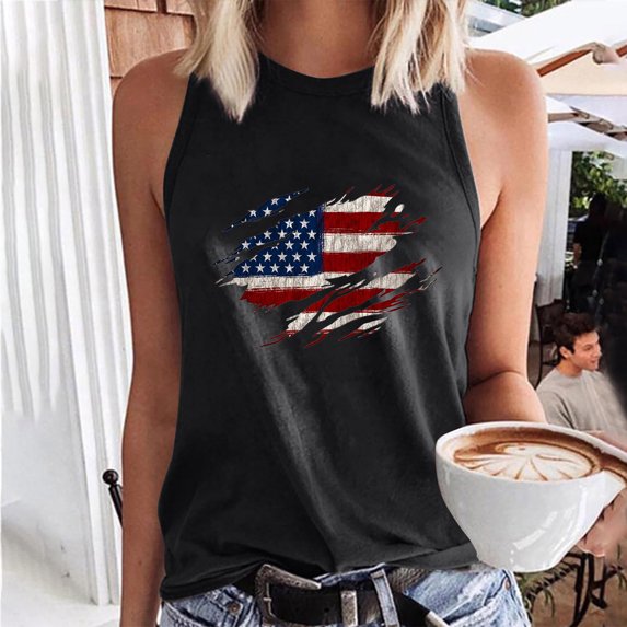 Wycnly Womens 4th of July Tank Tops Independence Day Patriotic Loose Comfy Racerback Shirts Vest Summer Fashion USA Flag Print Crewneck Sleeveless Blouse Black l