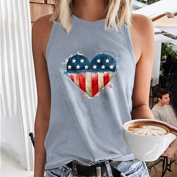 Wycnly Womens 4th of July Tank Tops Independence Day Patriotic Regular Fit Racerback Shirts Vest Summer Fashion Heart Flag Print Round Neck Sleeveless Blouse Gray s