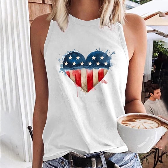 Wycnly Womens 4th of July Tank Tops Independence Day Patriotic Regular Fit Racerback Shirts Vest Summer Fashion Heart Flag Print Round Neck Sleeveless Blouse White xxl