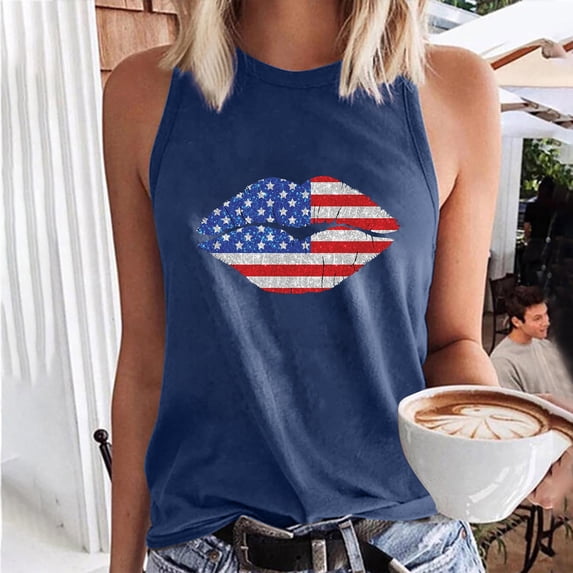 Wycnly Womens 4th of July Tank Tops Independence Day Patriotic Regular Fit Racerback Shirts Vest Summer Fashion Lips Flag Print Crewneck Sleeveless Blouse Navy xl