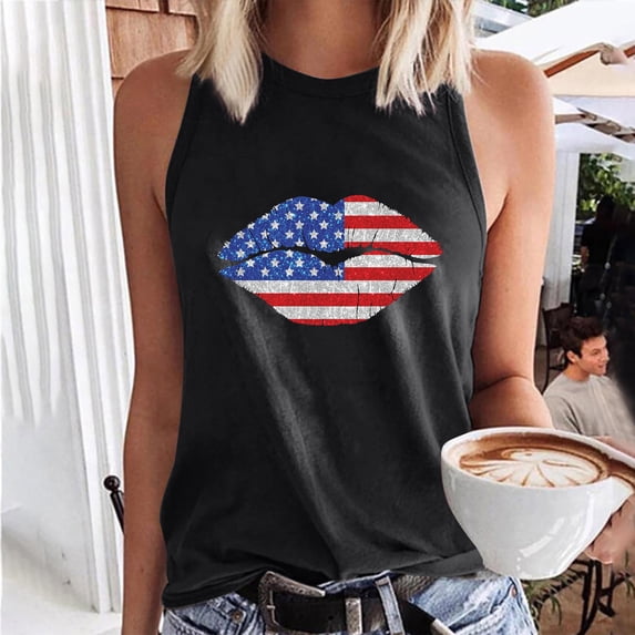 Wycnly Womens 4th of July Tank Tops Independence Day Patriotic Regular Fit Racerback Shirts Vest Summer Fashion Lips Flag Print Crewneck Sleeveless Blouse Black m