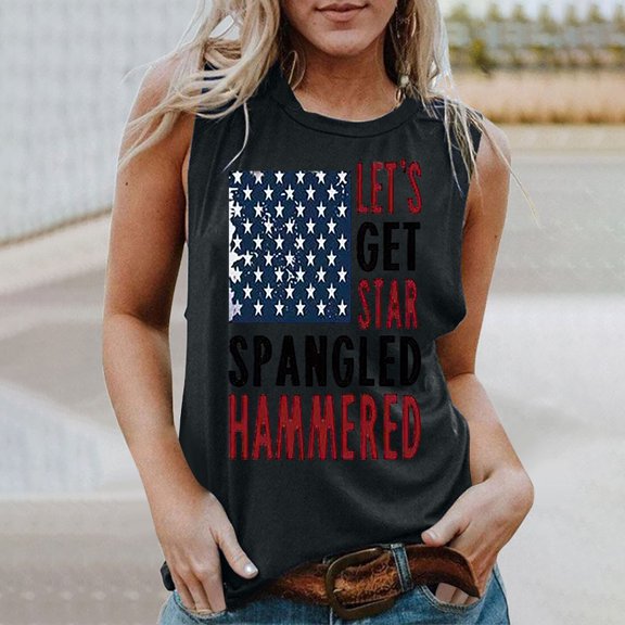 Wycnly Womens 4th of July Tank Tops Independence Day Patriotic Shirts Lightweight Loose Fit Pullover Vest Summer Fashion US Flag Letter Print Crewneck Sleeveless Blouse Black s