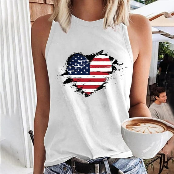 Wycnly Womens 4th of July Tank Tops Independence Day Patriotic Shirts Loose Fit Racerback Vest Summer Fashion Heart American Flag Print Crewneck Sleeveless Blouse White m