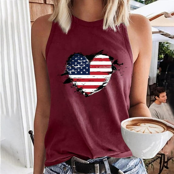 Wycnly Womens 4th of July Tank Tops Independence Day Patriotic Shirts Loose Fit Racerback Vest Summer Fashion Heart American Flag Print Crewneck Sleeveless Blouse Wine s