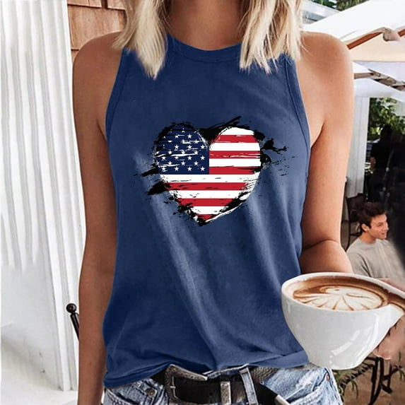 Wycnly Womens 4th of July Tank Tops Independence Day Patriotic Shirts Loose Fit Racerback Vest Summer Fashion Heart American Flag Print Crewneck Sleeveless Blouse Navy xl