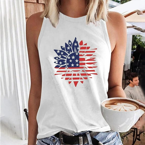 Wycnly Womens 4th of July Tank Tops Loose Basic Independence Day Patriotic Racerback Shirts Vest Summer Fashion Sunflower Flag Print Crewneck Sleeveless Blouse White xxl