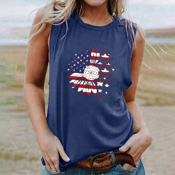 Wycnly Womens 4th of July Tank Tops Loose Fit Racerback Vest Independence Day Patriotic Tshirts Summer Fashion Sunflower US Flag Print Crewneck Sleeveless Blouse Navy xl
