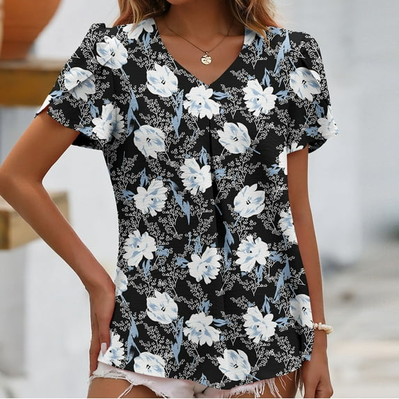 Wycnly Womens Blouses and Tops Dressy Beach Boho Fashion Petal Sleeve Pleated Hem Loose Lightweight Tunic Shirts Summer Floral Print V-Neck Short Sleeve Cute Tees Tops Black XL
