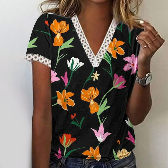 Wycnly Womens Blouses and Tops Dressy Beach Fashion Lace Patchwork Loose Fit Lightweight Comfy Tshirts Summer Floral Print V-Neck Short Sleeve Cute Tees Tops Yellow XXL